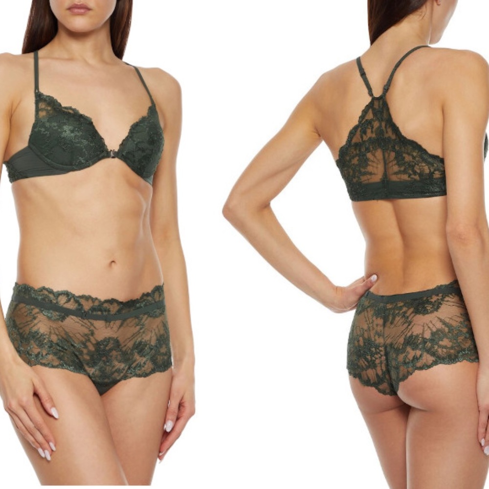 La Perla Athena Bra + Mid-rise Briefs Set Forest Green Lace + 2 Thongs XS - IT 1
